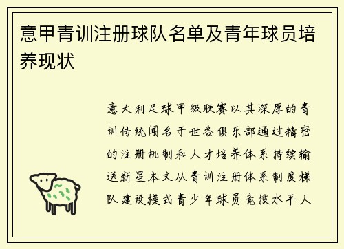 意甲青训注册球队名单及青年球员培养现状
